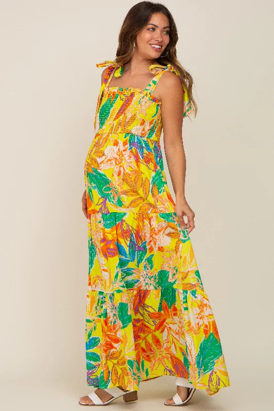 Yellow Tropical Print Smocked Tie Sleeve Maternity Maxi Dress Fashionable Open-Back Maxi Dress