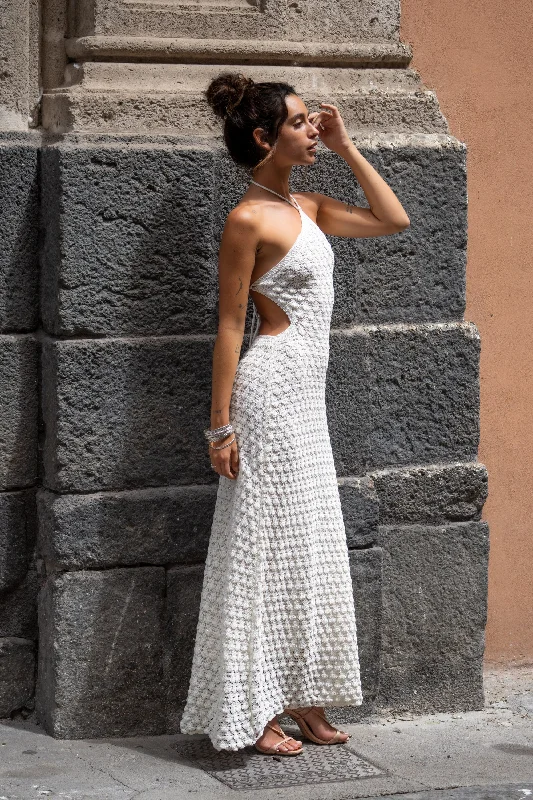 Amara White Halter Glitter Knit Maxi Dress Cozy Ribbed Maxi Dress