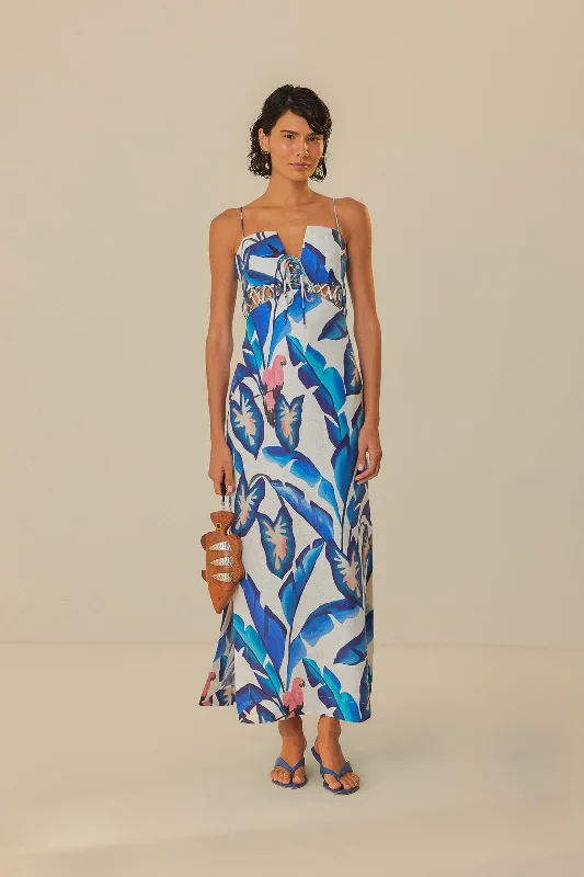 Off-White Blue Foliage Maxi Dress Comfortable Maxi Dress with Sleeves