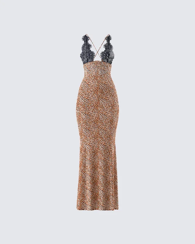 Evodie Leopard Print Maxi Dress Stylish Pleated A-Line Maxi Dress