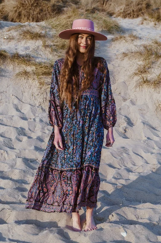 Florence Maxi Dress in Midnight Sapphire Paisley Floral Fashionable Asymmetrical Maxi Dress