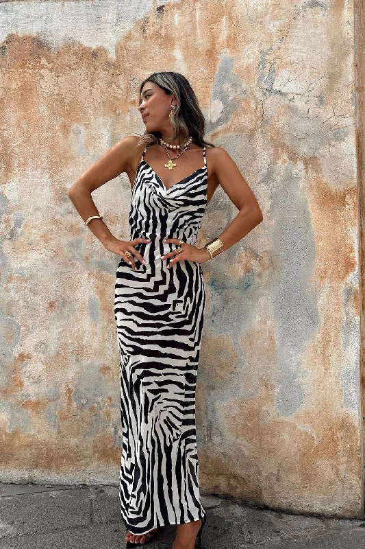 Gianna Zebra Cowl Neck Chiffon Maxi Dress Comfortable Plunging Neckline Maxi Dress