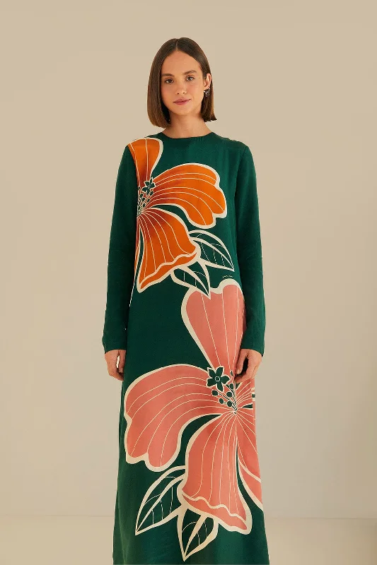 Green Honolulu Flowers Long Sleeve Maxi Dress Stylish Empire Waist Maxi Dress