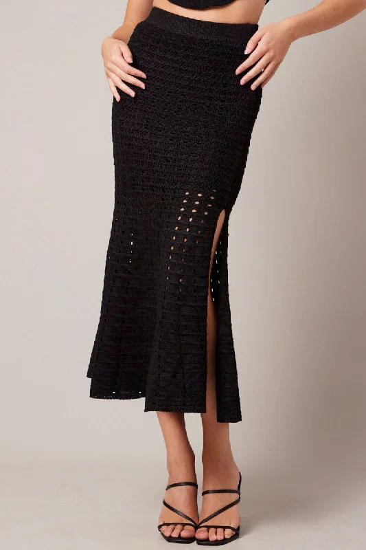 Black Knit Skirt Crochet elastic waist skirt