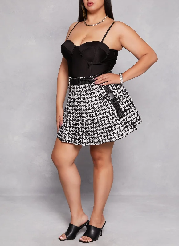 Plus Size Houndstooth Belted Pleated Skirt velvet skirt plush