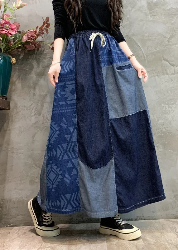 Boho Casual Navy Patchwork Elastic Waist Denim Skirts Spring tiered skirt playful