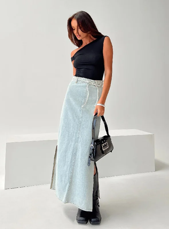 Brandee Tie Front Denim Maxi Skirt Light Wash silk skirt lustrous