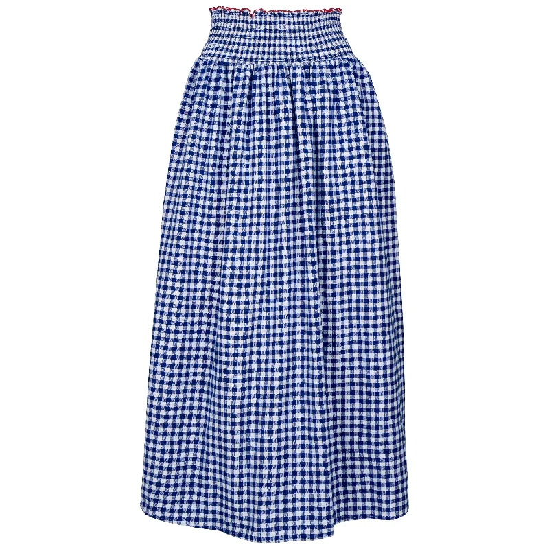 Cotton Gingham Skirt With Wide Elasticated Waist | Blue wool skirt warm