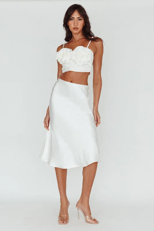 Daze Satin Midi Skirt Cream velvet skirt glossy