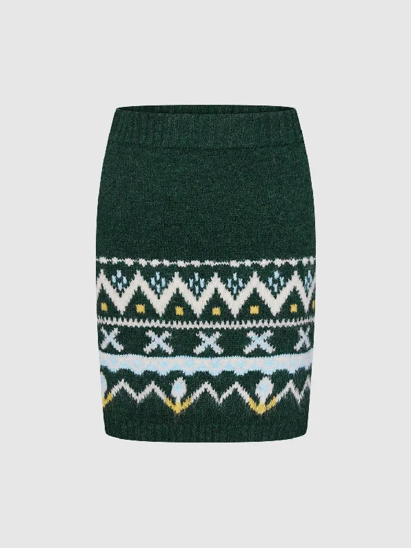 Fair Isle Straight Mini Knitted Skirts ribbed skirt waist