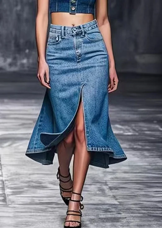 Modern Blue Front Open High Waist Denim Skirts Summer wool skirt warm