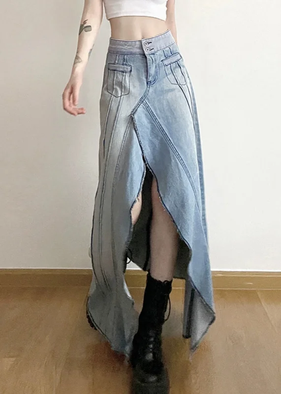 Modern Denim Blue Asymmetrical Ruffled Patchwork High Waist A Line Skirt Spring mini skirt trendy