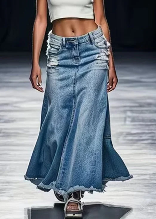 New Blue Hole Pockets High Waist Denim Maxi Skirts Summer button skirt front