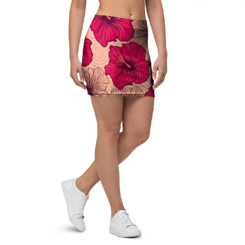 Red Hibiscus Flower Print Mini Skirt athletic skirt fit