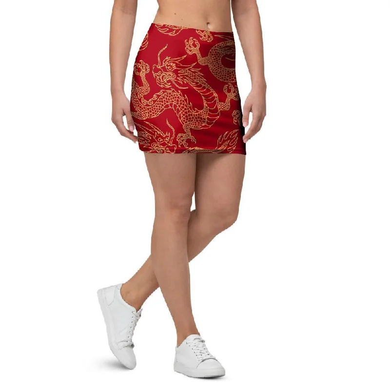 Red Oriental Chinese Dragon Mini Skirt zip skirt side