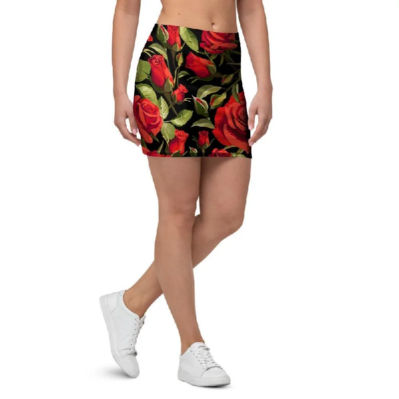 Red Rose Floral Mini Skirt ruffled skirt detail