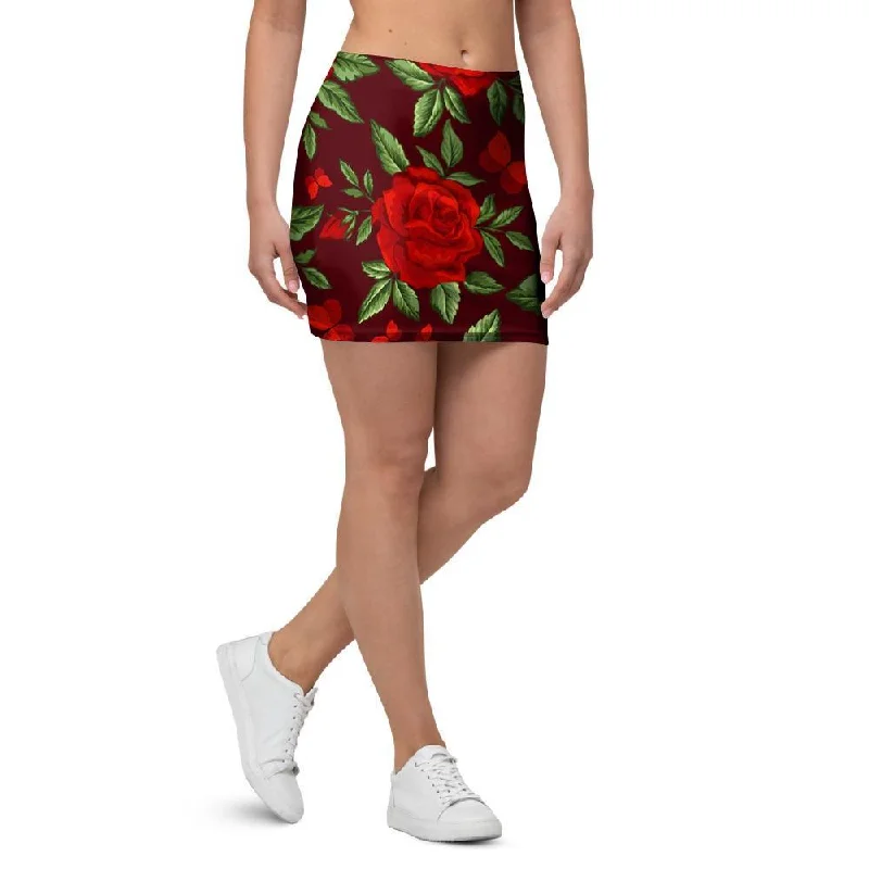 Red Rose Flower Mini Skirt flowy skirt hem