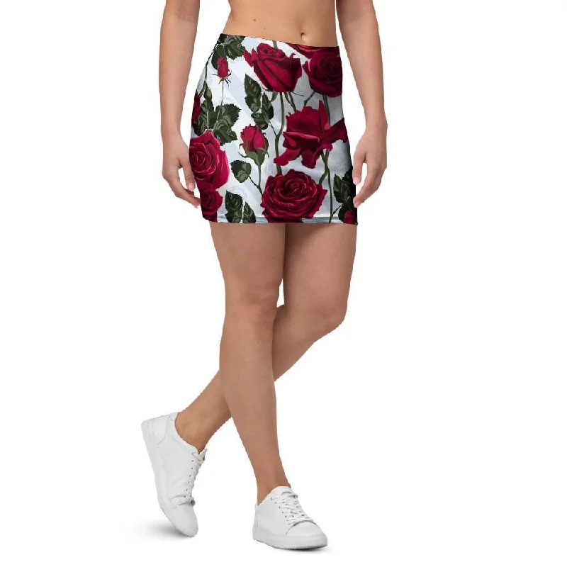 Red Rose Flower Print Mini Skirt cashmere skirt rich