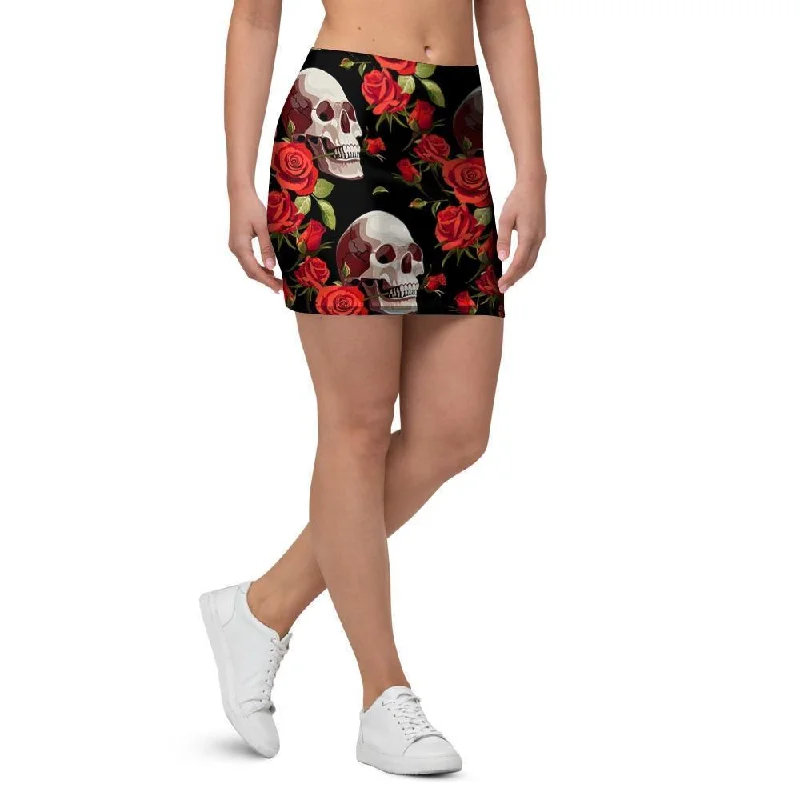 Red Rose Skull Mini Skirt silk skirt lustrous