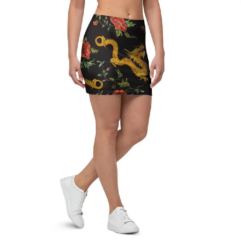 Rose Floral Golden Dragon Print Mini Skirt linen skirt natural