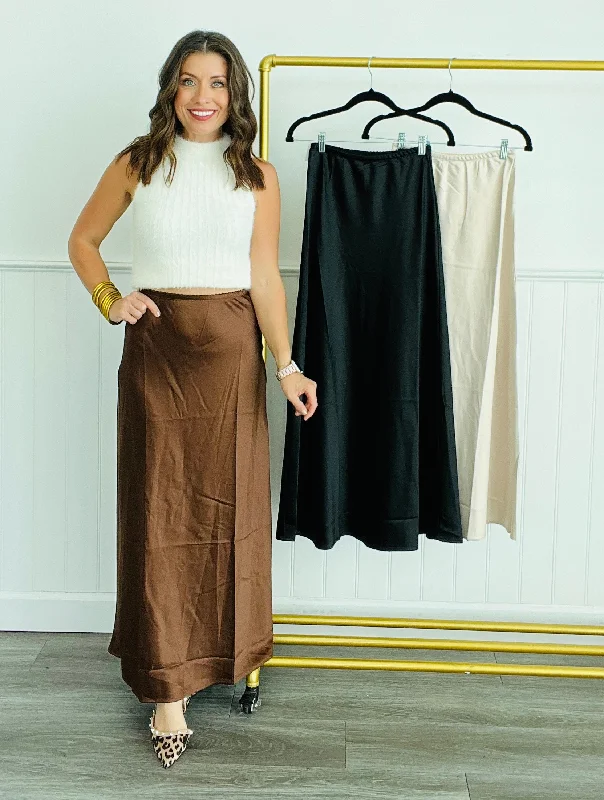 Satin Slip Midi Skirt (Reg.) - 3 Colors ribbed skirt waist