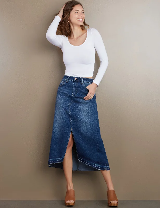 Slit Front Midi Denim Skirt denim skirt casual