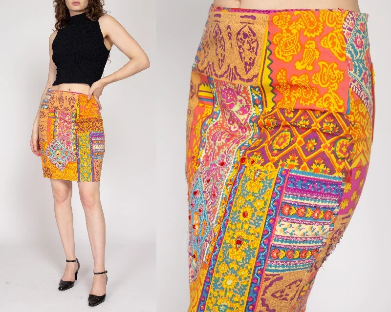 Small 90s Baroque Patchwork Print Beaded Mini Skirt silk skirt luxurious