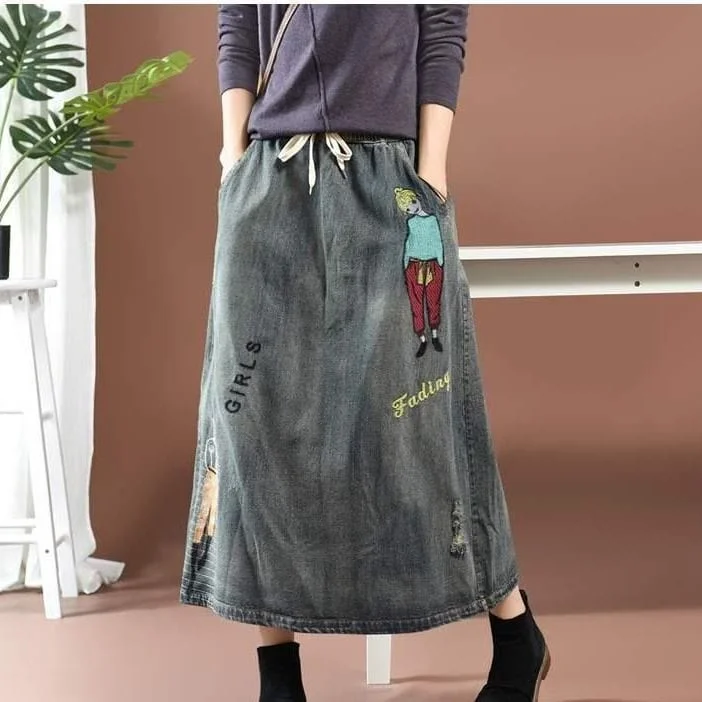 Streetstyle Cartoon Embroidered Denim Skirt linen skirt airy