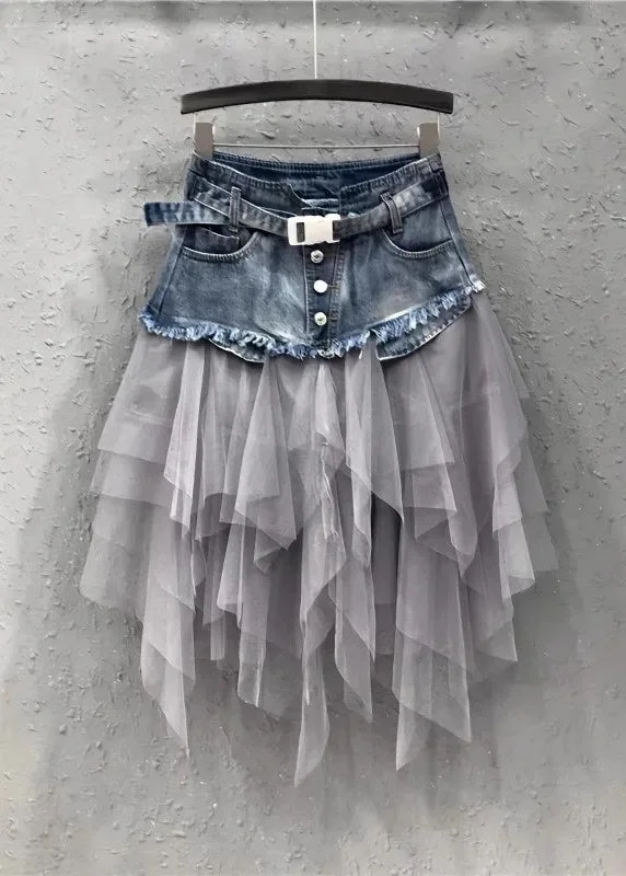 Style Blue Asymmetrical Tulle Patchwork Denim Skirts Summer velvet skirt luxurious