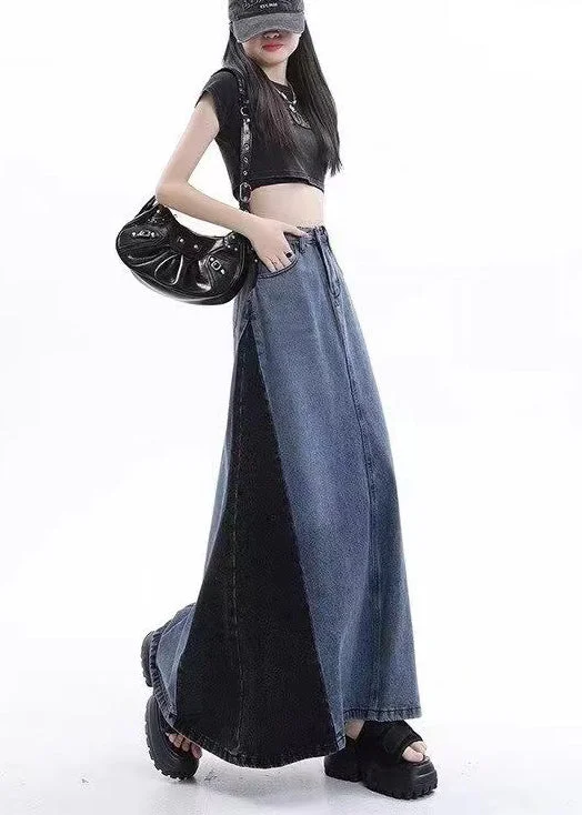 Stylish Blue Patchwork High Waist Denim Maxi Skirts Summer belted skirt waist