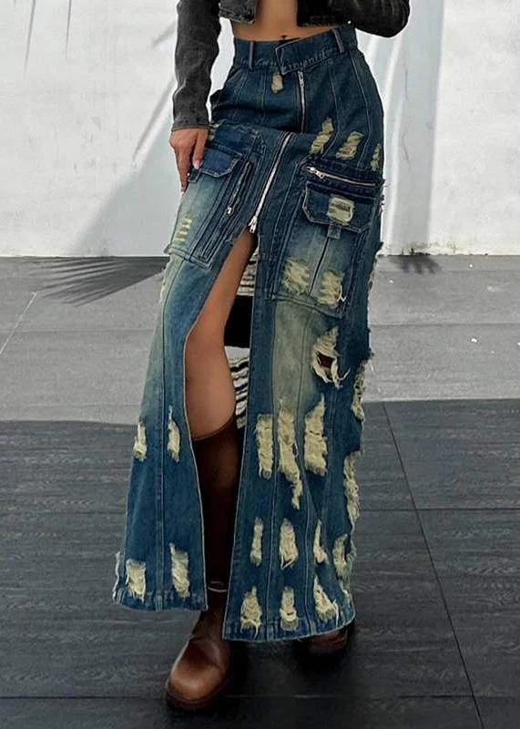 Stylish Blue Zip Up Patchwork Ripped Denim Skirts Spring wool skirt thick