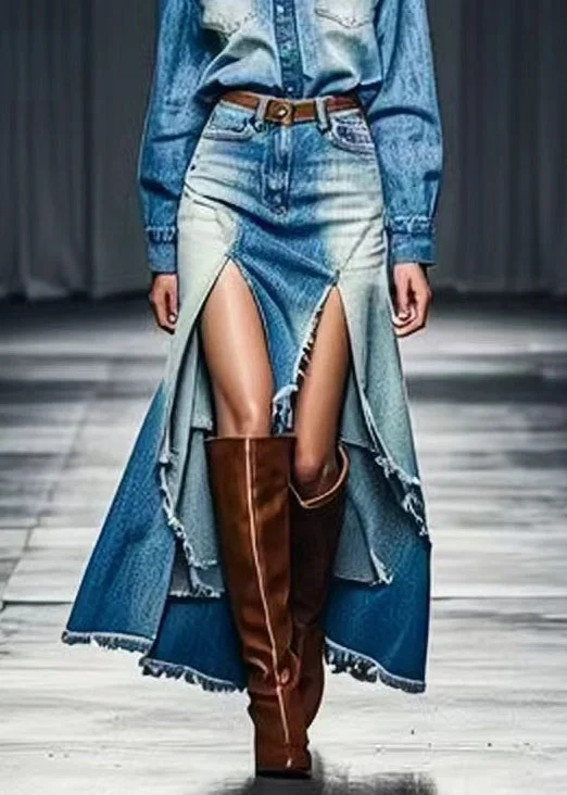 Unique Blue Low High Design High Waist Denim Skirt Summer summer skirt style