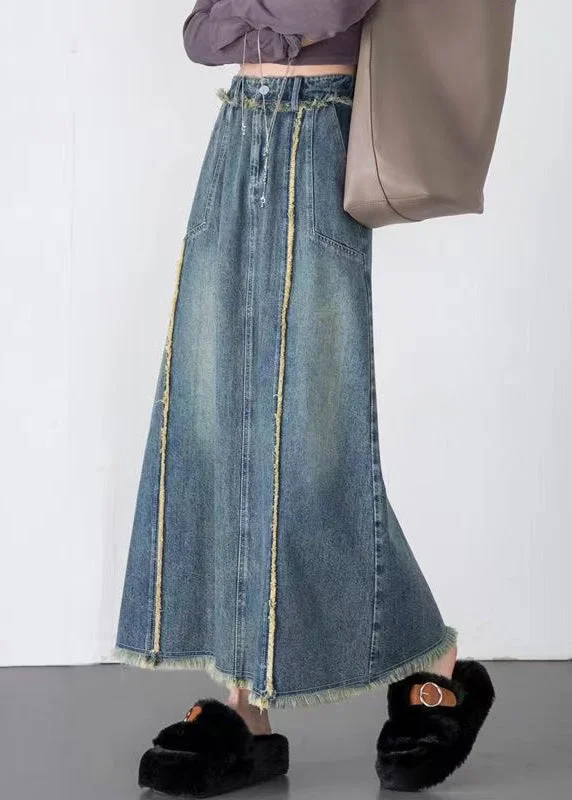 Unique Blue Tasseled Pockets Patchwork Denim Skirts Spring cashmere skirt soft