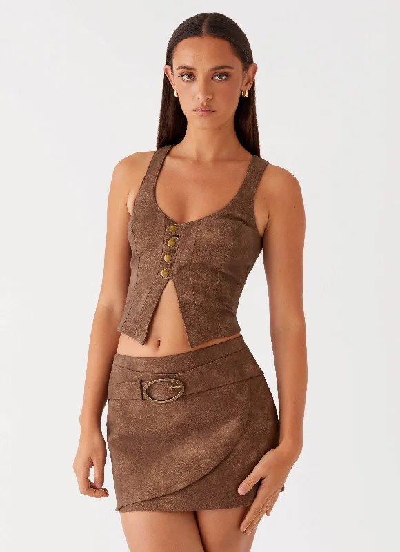 West District PU Mini Skirt - Brown leather skirt bold