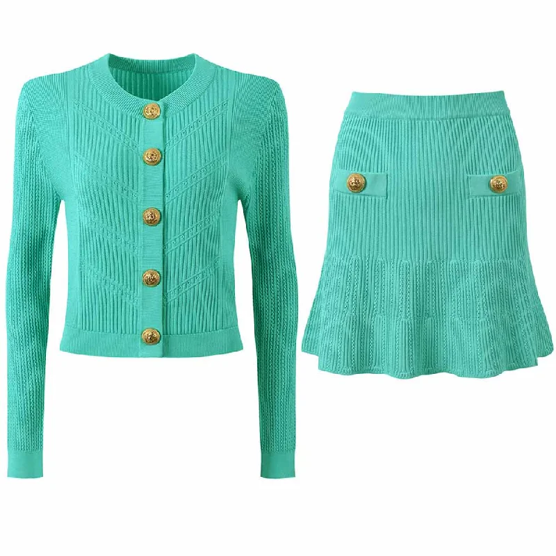 Women Knitted Mini Skirt Suit Button Embellished Two Pieces Set low waist skirt