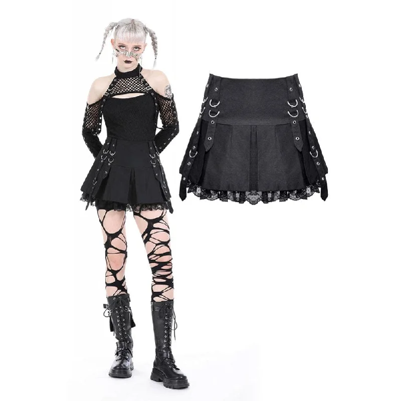 Women's Punk Lace Splice Pleated Skirt button skirt front