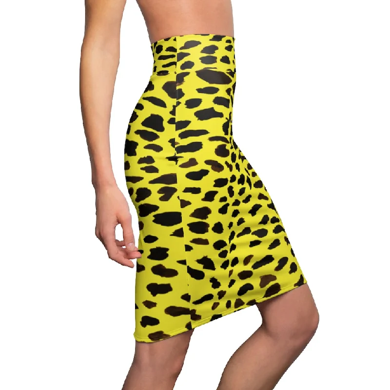 Yellow Leopard Women's Pencil Skirt, Animal Print Designer Mid Waist Skirt For Ladies-Made in USA mini skirt trendy